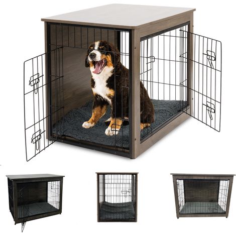 MaxxPet Caja de Madera Para Perros, Caja Para Perros Para el Hogar, Caseta Para Perros de Interior, con 2 Puertas, Jaula Para Perros, Sala de Estar, 82x55x64cm, Negro