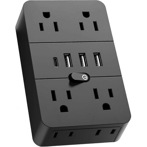 Multiprise avec ports USB et interrupteur marche/arrêt, rallonge murale avec 8 prises secteur (4 avec terre et 4 à deux broches), 3 ports USB-A et 1 port USB-C, multi-usages (1/5)