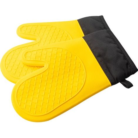 Juego de guantes de silicona amarillos y negros para horno (2 piezas)，Resistentes al calor hasta 260 °C，antideslizantes e impermeables (1/4)