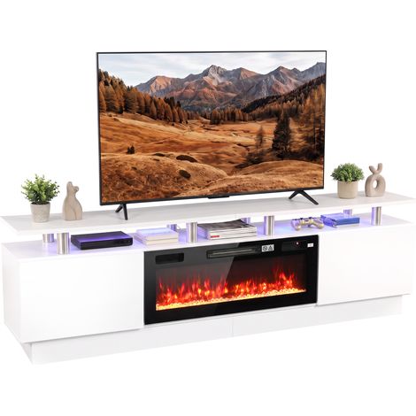 Meuble TV avec cheminée électrique - HOMCOM - pour TV 90" - éclairage LED - effet flamme 3D - bois - 203x35x60cm - blanc (1/5)