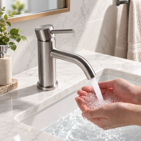 Miscelatore lavabo bagno, Rubinetto per acqua calda e fredda con cartuccia in ceramica e tubi flessibili PEX, in acciaio inox (1/5)