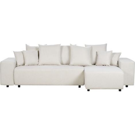 Sofá cama esquinero de tela con cojines estilo moderno a la izquierda en beige claro Luspa