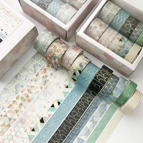 Lot de 10 rouleaux de ruban adhésif décoratif Washi de 3 tailles différentes, à motifs géométriques et à feuille d'or. (1/5)