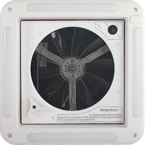 Ventilatore da tetto per camper da 11" x 11" con luce LED, 12V, sollevamento manuale reversibile e copertura fumé.
