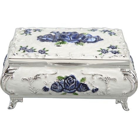 Vintage Jewelry Box Rectangular Vintage Metal Jewelry Storage Decoration Box Ladies Girls Gift BoxSilver White Blue Rose (1/5)