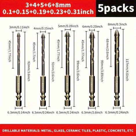 Fünfteiliges Set hochwertiger Hartmetall-Keramikbohrer 3 mm 4 mm 5 mm 6 mm 8 mm Kreuzschlitz und Sechskantbohrer geeignet für Glas Beton Keramik (1/5)