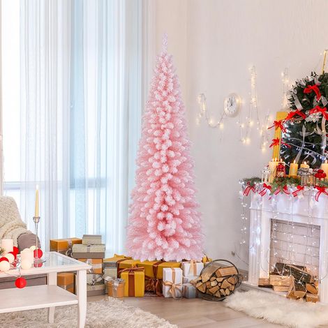 COSTWAY Sapin de Noël Artificiel Rose 180 cm, Arbre de Noël Floqué de Neige, 460 Branches, Support en Métal Pliable, Sapin en Forme de Crayon, pour Les Fêtes, la Maison, Le Bureau (1/5)