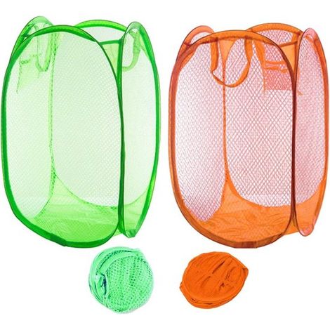 Panier à linge pliable en filet, lot de 2, portable, pour la chambre, la chambre d'enfant, le dortoir étudiant et les voyages (vert + orange) (1/2)