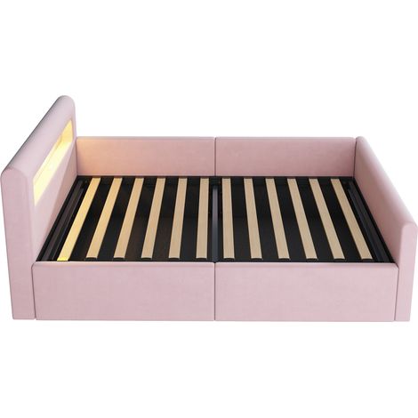 Lit enfant velours LED USB coffre hydraulique, tête de lit réversible, lit sécurisé 200 kg chambre enfant (1/5)