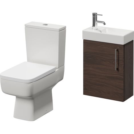Napoli Cube Brown Oak 400mm Single Door Wall Mounted Vanity Unit and Toilet Suite with Align Basin - 400mm - Chrome 160mm Handle
