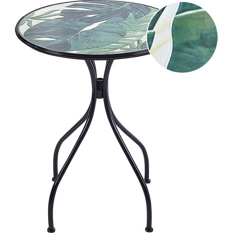 Mesa de balcón exterior metal estilo vintage tablero de mosaico estructura hierro negro verde Cozzana