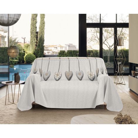 Telo Arredo Made in Italy in Cotone Grandfoulard Copritutto Copridivano Copriletto-Teli Sofà Arredatutto-Drappeggio-Arazzo-Copridivano Grand Foulard Letto Singolo - Cuori Beige