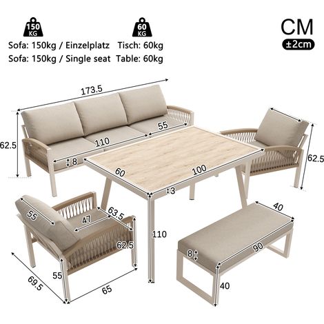 ELVMI Gartenlounge mit 1 Sofa, 2 Sesseln, 1 Bank und 1 Couchtisch, Eisen, Beige (1/4)