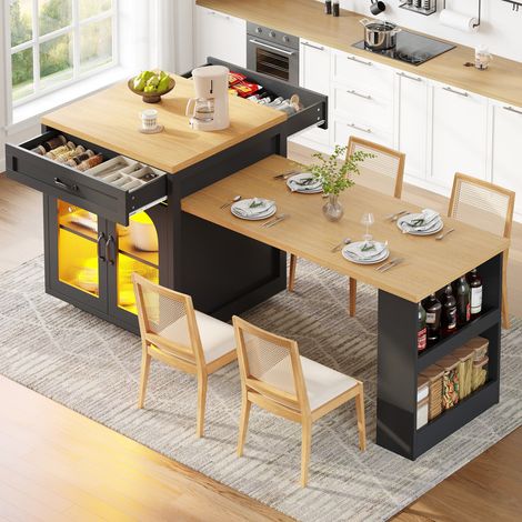 Îlot de cuisine extensible avec éclairage LED, table à manger,table de bar,placard,meuble de cuisine moderne avec 2 tiroirs et étagères réglables, buffet de rangement avec portes en verre cannelé