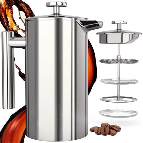 1 Cafetière à piston, double paroi acier inoxydable, filtre métal, 1000 ml, pour maison bureau camping (1/5)