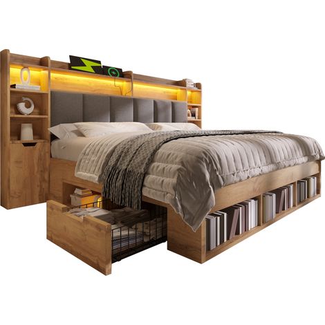 Letto 180x200 cm in MDF rovere con LED, USB, contenitore e rete a doghe senza materasso - CHICFURN (1/5)
