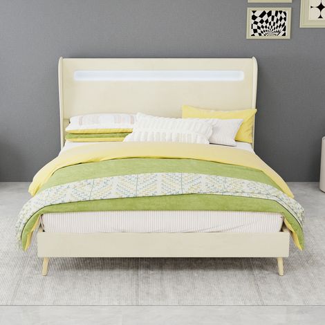 Letto imbottito in tessuto beige 140x200 cm con testiera regolabile e LED integrato
