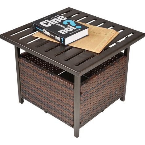 Rattan Garden Coffee Table, 55.5 cm Square Wicker Patio Side Coffee Table with 4 cm Umbrella Hole, Metal Bottom Slatted Top for Outdoor, Balcony, Brown (1/5)