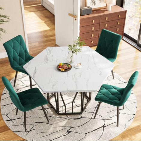 Set tavolo e sedie 5 pezzi, tavolo esagonale effetto marmo bianco, verde HAVRYA (1/5)