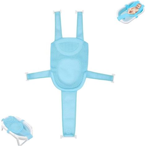 Confezione da 1 rete di supporto per il bagnetto del bambino, regolabile, a 5 punti, di colore blu, con tappetino antiscivolo morbido e confortevole per il bagno. (1/4)