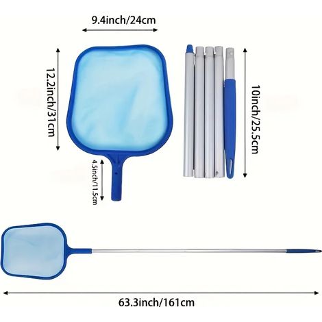 Accessoires de piscine (Blue5) Épuisette télescopique robuste pour piscine, spas et fontaines, avec manche extensible en aluminium et mailles ultra-fines. (1/4)