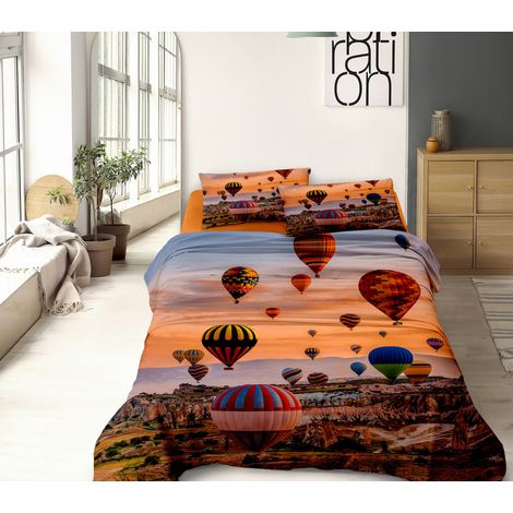 Completo Letto Lenzuola 100% Cotone Set Lenzuolo Moderno Sotto Sopra Federe Due Stampe In Altissima Definizione  Dis78mongolfiere - Matrimoniale (1/5)