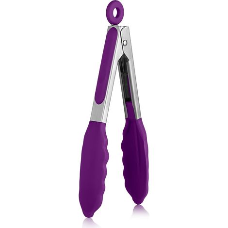 18 cm 315 ℃ Pince de cuisine en silicone résistant à la chaleur avec embouts en caoutchouc antiadhésif hermétiquement scellés et poignée en acier revêtue de silicone pour servir (Violet) (1/5)