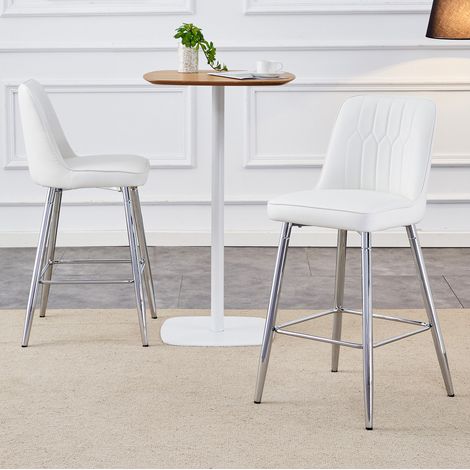 Taburete de bar de metal y piel sintetica PU blanco plata con respaldo y reposapies,42×45×100cm (1/5)