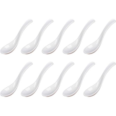 Lot de 10 cuillères asiatiques en mélamine pour la cuisine et la salle à manger (blanches)