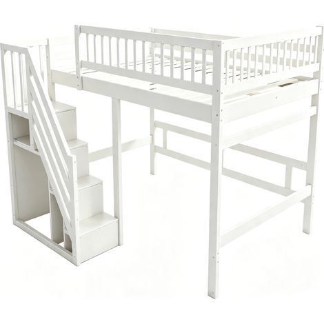 Letto a soppalco 140 x 200 cm bianco con scala contenitore e sponda alta MODENUIT (1/5)