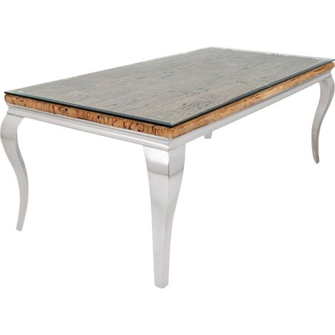 Esstisch VELENA – Rechteckig 200 cm – Teakholz, Glas und silberner Stahl – Barock-Chic-Stil