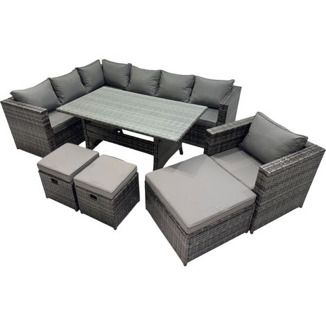 Fimous Outdoor PE Rattan Sofa Set with Dining Table Patio Garden Furniture Sets with Chair 3 Stool Dark Grey Mixed (1/5)
