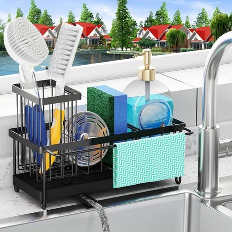 1 Porte Eponge, Acier Inoxydable, Bac Égouttage Automatique, Organisateur Évier, Cuisine Salle Bain