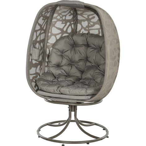 Swivel Egg Chair with Cushions, Foldable Basket Seat and Metal Frame, Indoor Outdoor Lounge Chair for Balcony, Poolside, Patio and Living Room, Sand Brown