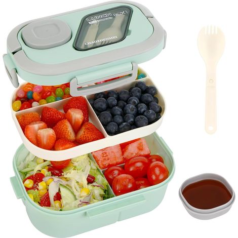 Lunch Box, Lunch Box Enfant Adulte Boîte 1200ml avec 3 Compartiments, Anti-Fuite Lunchbox, sans BPA, pour Lave-vaisselle, École Pique-Nique Travail (vert) (Vert)