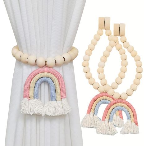 2 fermatende in perline di legno, fibbie magnetiche per tende con nappe, fermatende color arcobaleno con nappe, decorazione senza foratura (rosa) (1/5)