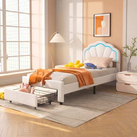 Lit avec tiroir rangement Enfant 90x200 cm - Design Tête de Lit en Forme de Pétale avec Éclairage LED et Sommier à lattes - Velours - Style moderne - blanc