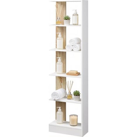 CHICFURN Bibliothèque étagère ouverte 5 niveaux en panneau de particules, meuble de rangement 45 x 21 x 170 cm pour livres, plantes et décoration, blanc et bois clair (1/5)