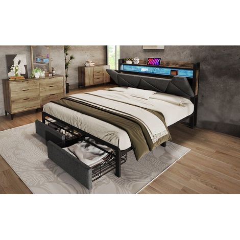 Lit coffre 160x200 cm gris, lit rembourré avec LED tête de lit, ports USB et USB-C, rangement intégré, 2 tiroirs, sommier inclus, sans matelas (1/5)