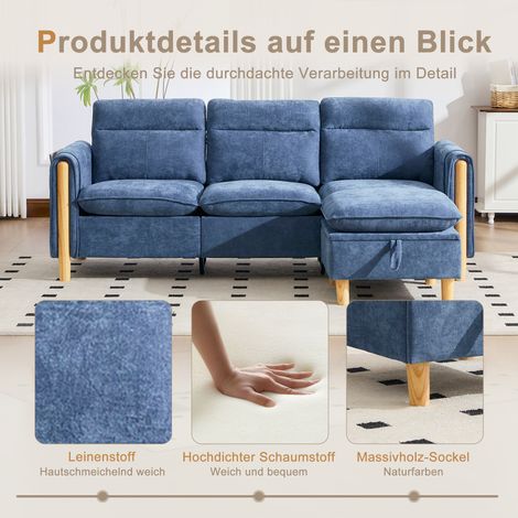 Set di divani a tre posti in stile nordico con pouf contenitore, divano angolare in tessuto con tasche laterali e gambe del tavolino in legno, ideale per soggiorni e piccoli spazi (Cinille blu) (1/5)