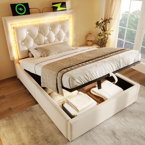 Letto con contenitore in velluto beige 90x200 cm con LED, USB e Type-C, rete a doghe inclusa (1/5)