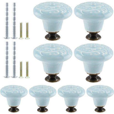 Lot de 8 boutons de placard de cuisine vintage en céramique bleu clair (1/5)