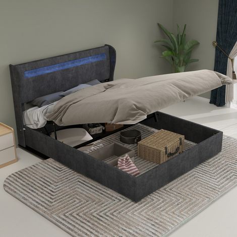 Lit 140x200cm - Lit Coffre 140x200cm - avec Tête de Lit LED - Éclairage Ambiance & Structure Fixe Moderne - Tissu Gris (1/5)