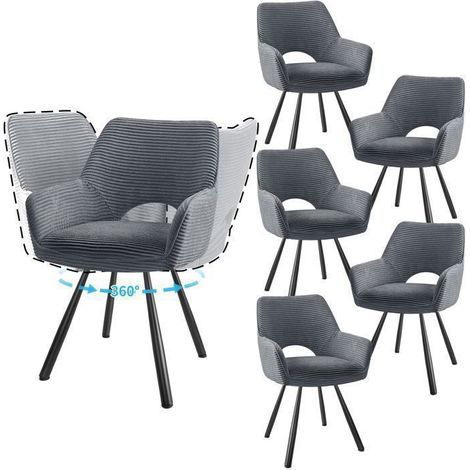 WAFTING Lot de 6 Chaises de Salle à Manger, Fauteuil Pivotantes avec Accoudoirs, Rembourrées avec Dossier en Velours,Gris