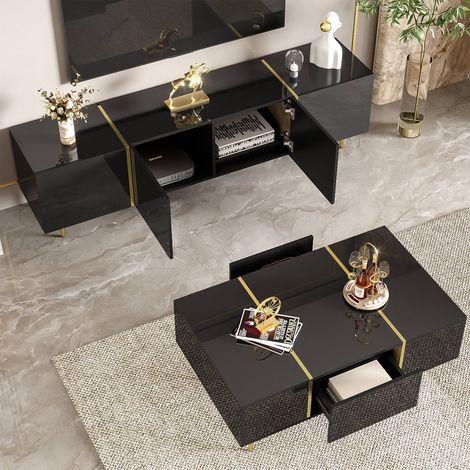 Meuble tv noir laqué moderne + table basse assortie – ensemble salon design (1/5)