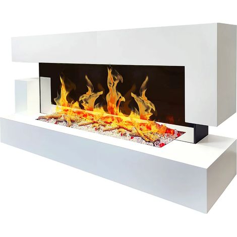 Chemin'Arte – Cheminée électrique murale Quartz 3XL 152 cm – Blanche avec effet flammes LED – Chauffage 2000W pour 30 m² – Télécommande LCD