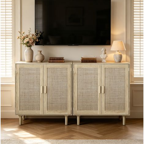 Aufbewahrungsschrank 80x40x88 cm Natur MDF mit Rattandetails und Magnettüren (1/5)