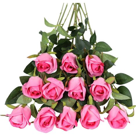 Fleurs Artificielles, 12 Pcs Simple Longue Tige Faux Fleurs De Soie Rose Faux Rose Bouquet De Mariée Fleur Réaliste pour La Fête De Mariage Décoration De Table À La Maison Centres (Rose Rouge) (1/5)