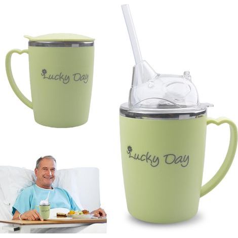 Bicchiere per anziani: bicchiere da 350 ml per anziani, bicchiere 3 in 1 a prova di perdite con cannuccia da 30 cm, bicchiere in acciaio inossidabile con manico per pazienti, anziani e (1/5)
