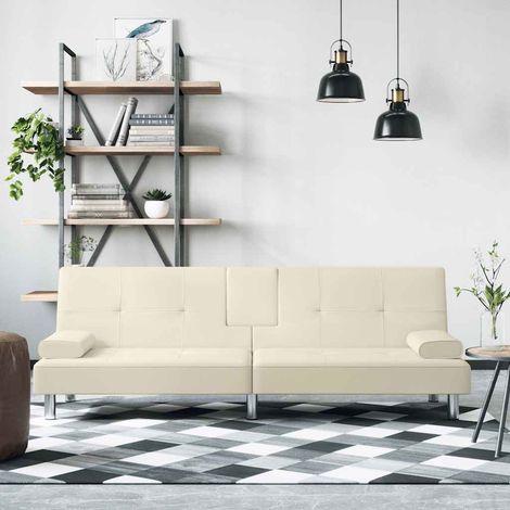 Schlafsofa mit Getränkehaltern Creme Kunstleder